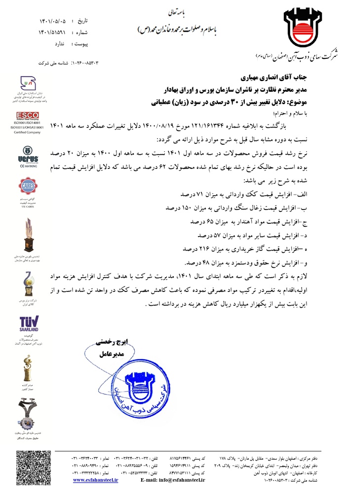 دلایل رشد 62 درصدی بهای تمام شده محصولات ذوب آهن به روایت مدیر عامل  دلایل رشد 62 درصدی بهای تمام شده محصولات ذوب آهن به روایت مدیر عامل