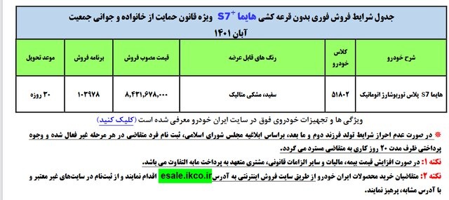 جدول فروش فوق العاده هایما s7