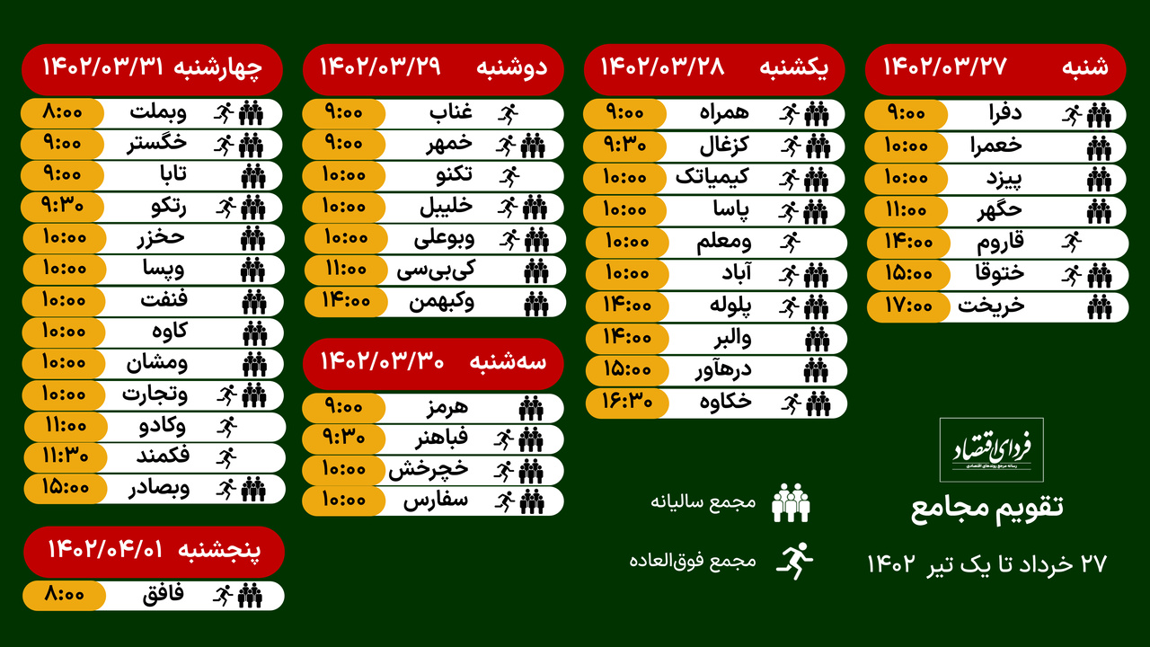 تقویم مجامع ۲۷ خرداد تا یک تیر ۱۴۰۲ تقویم مجامع ۲۷ خرداد تا یک تیر ۱۴۰۲
