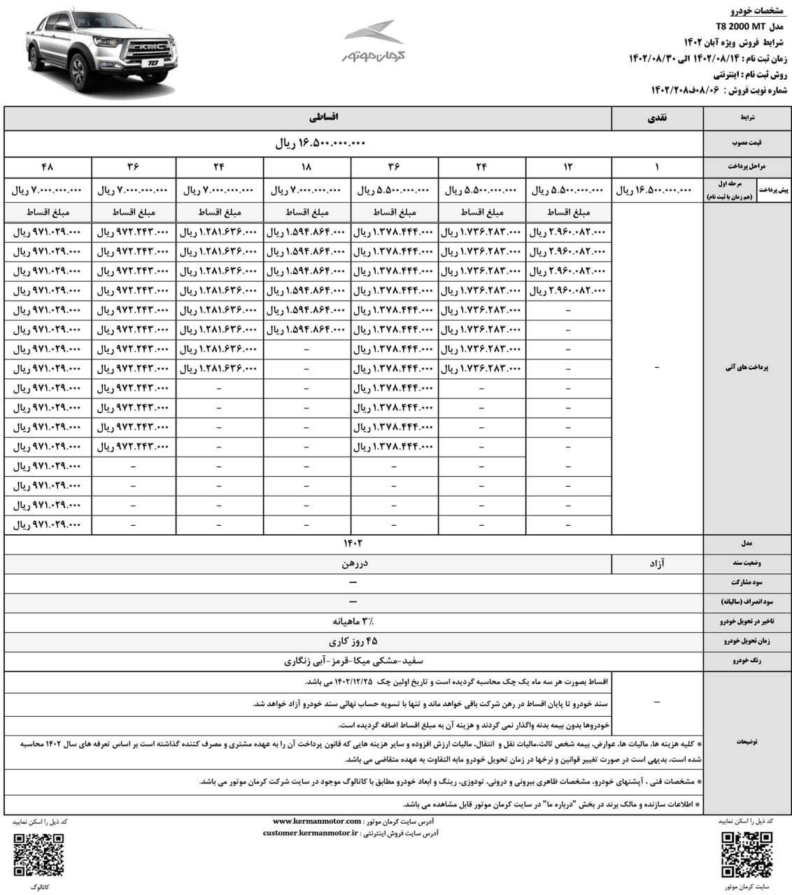 آغاز فروش اقساطی ۱۲ تا ۴۸ ماهه کی ام سی T۸ توسط کرمان موتور
