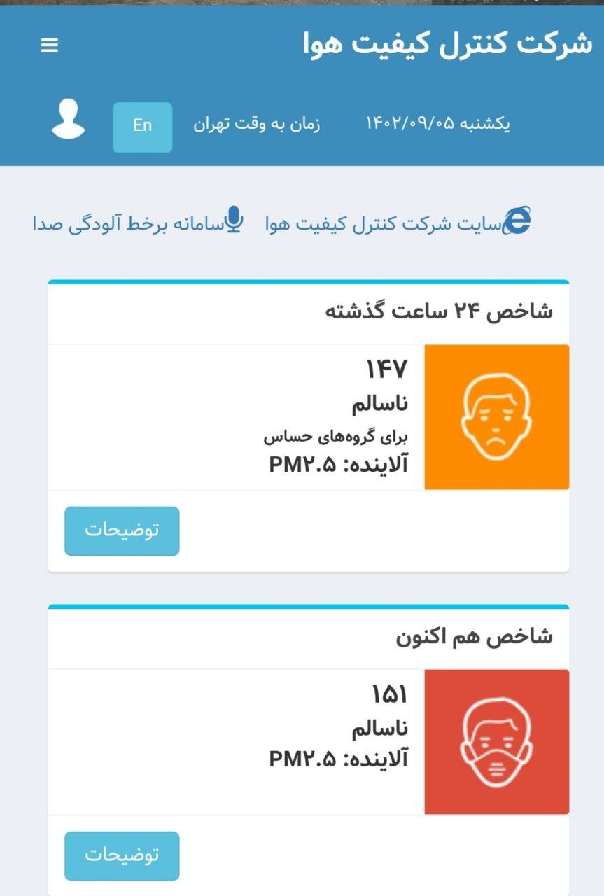 وضعیت آلودگی هوای تهران امروز