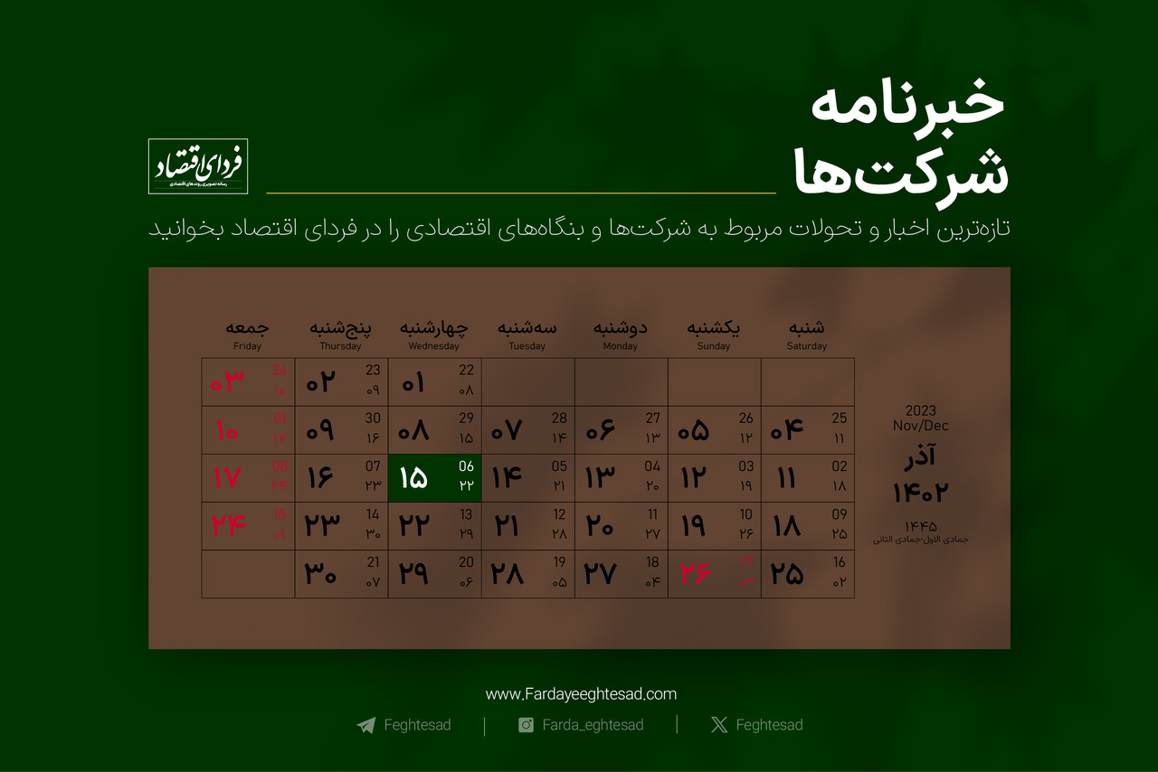 خبرنامه شرکتها چهارشنبه ۱۵ آذر ۱۴۰۲ خبرنامه شرکتها چهارشنبه ۱۵ آذر ۱۴۰۲