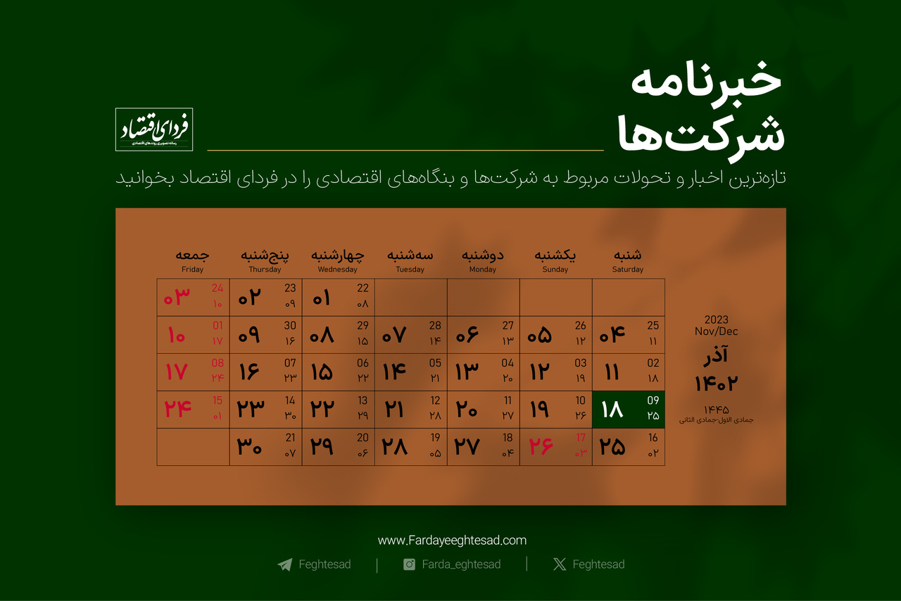 خبرنامه شرکتها شنبه ۱۸ آذر ۱۴۰۲ خبرنامه شرکتها شنبه ۱۸ آذر ۱۴۰۲