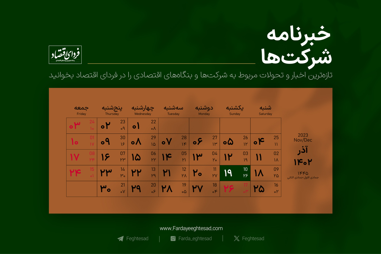 خبرنامه شرکت‌ها یکشنبه ۱۹ آذر ۱۴۰۲