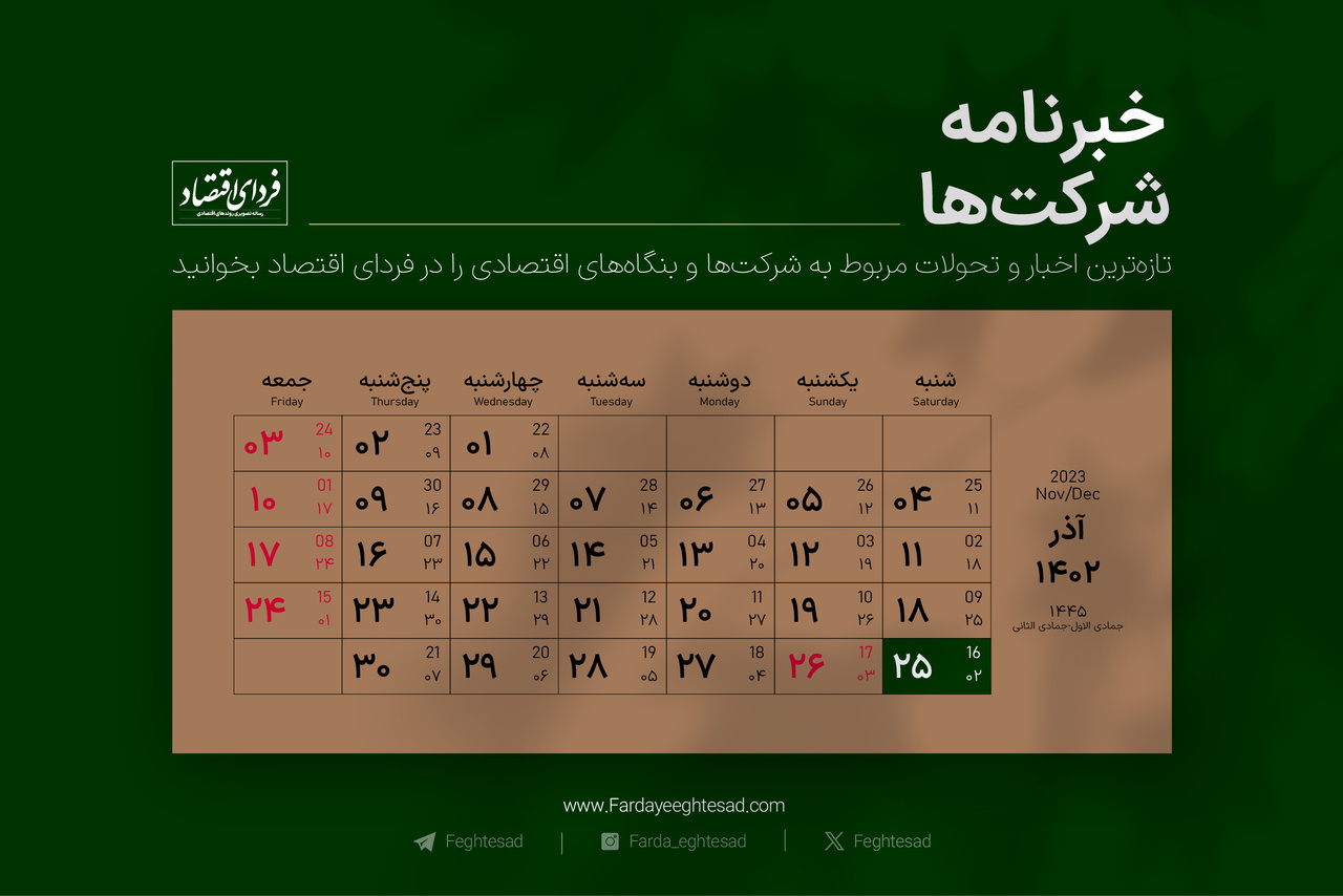 خبرنامه شرکتها شنبه ۲۵ آذر ۱۴۰۲ خبرنامه شرکتها شنبه ۲۵ آذر ۱۴۰۲