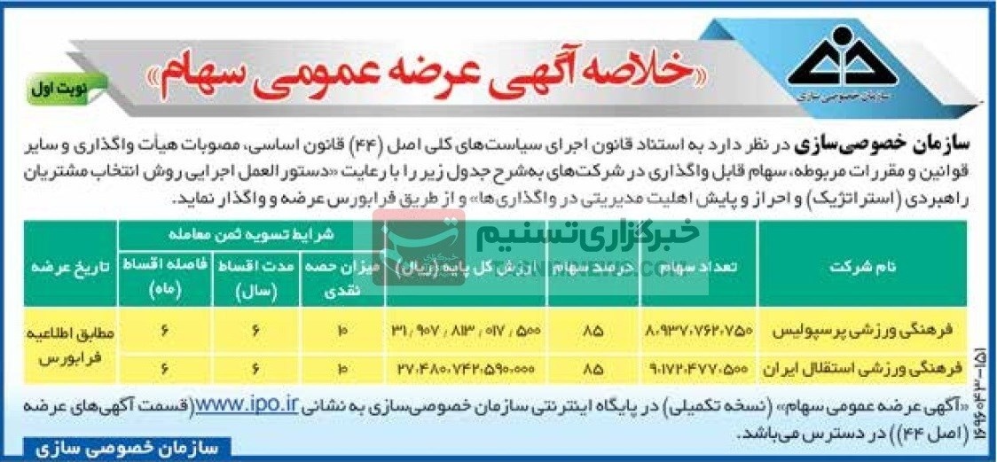 آگهی مزایده پرسپولیس و استقلال رسماً منتشر شد + عکس