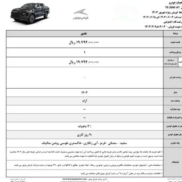 شرایط جدید فروش نقد و اقساط T۸ و T۹کرمان موتور اعلام شد