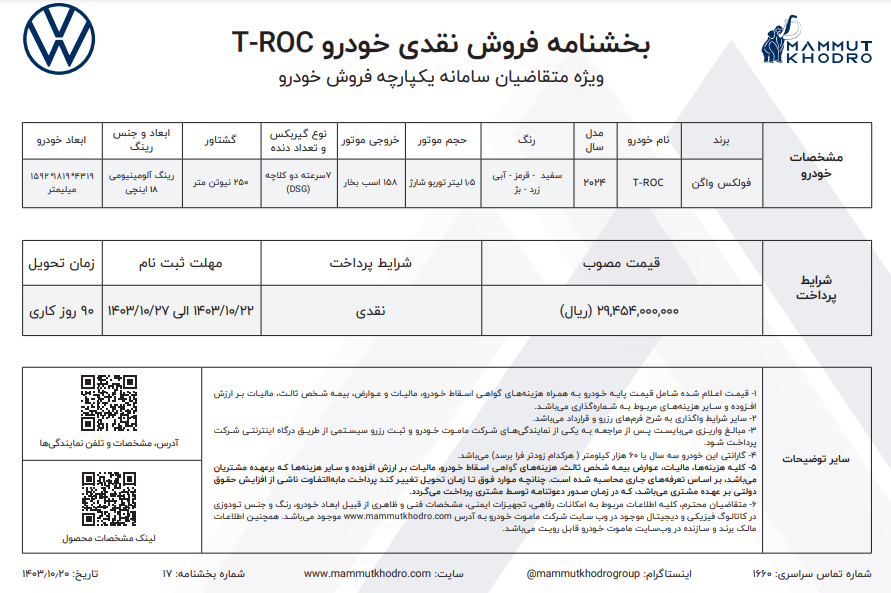 شرایط فروش نقدی فولکس واگن T-ROC