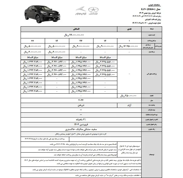 اعلام شرایط فروش ویژه EJ7 و EJ7 پلاس کرمان موتور