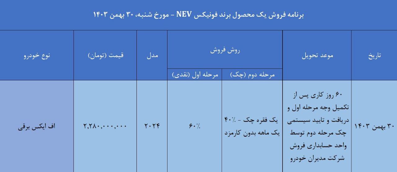 فروش دو مرحله‌ای خودرو وارداتی فونیکس برقی آغاز شد