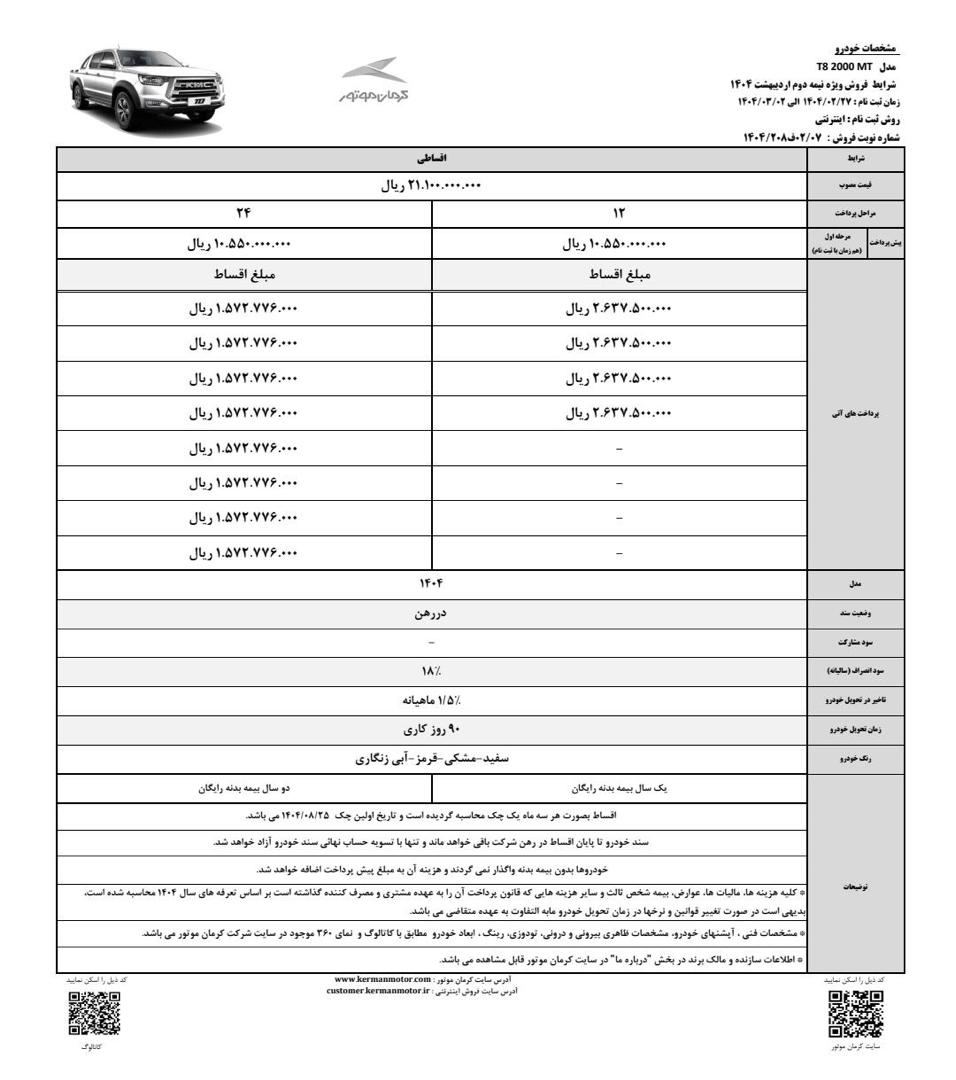 فروش ویژه T۸ کرمان موتوراز شنبه هفته آینده