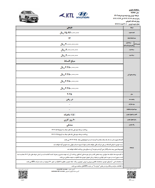 آغاز فروش اقساطی هیوندای کونا ۲۰۲۵ شرکت KTL